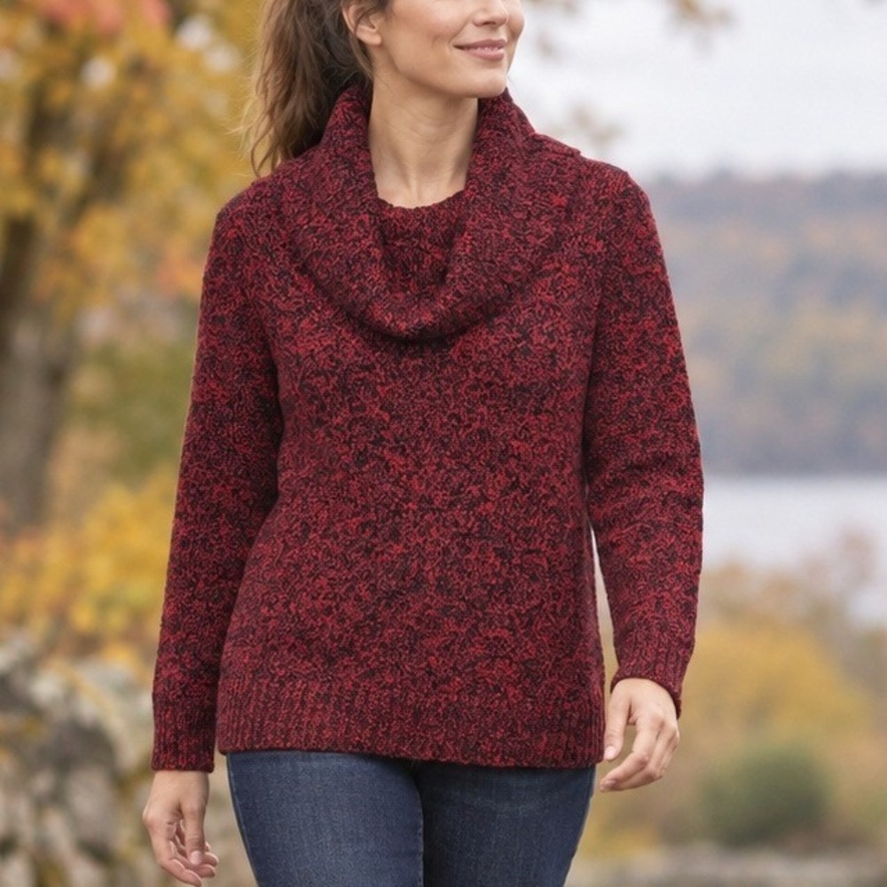 Lauren Ralph Lauren Red Black Marled Cowl Neck Sweater SZ LG Quiet Luxury